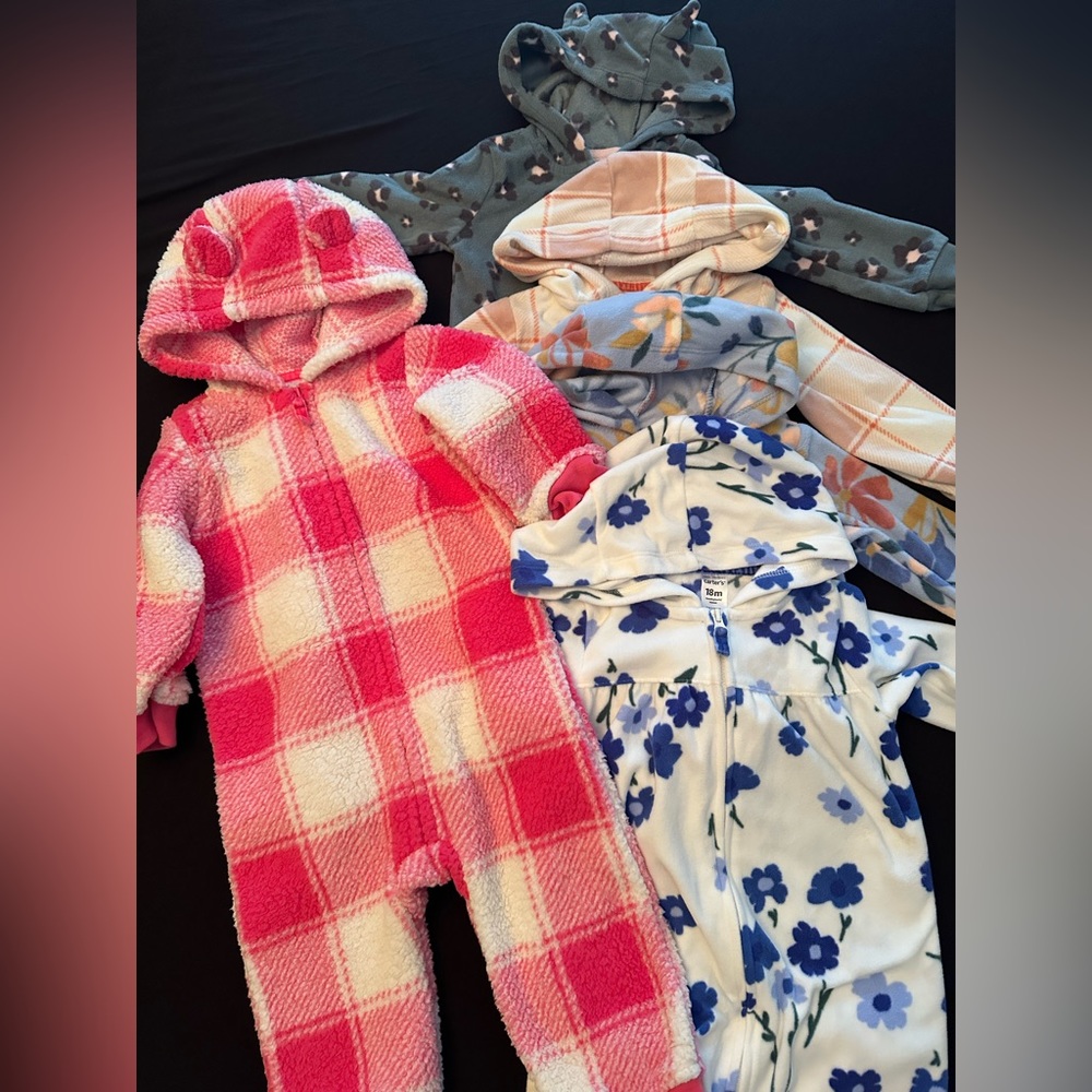 Carter’s lot of 5 baby girl one piece hooded jumpsuits fleece Sherpa 18 months